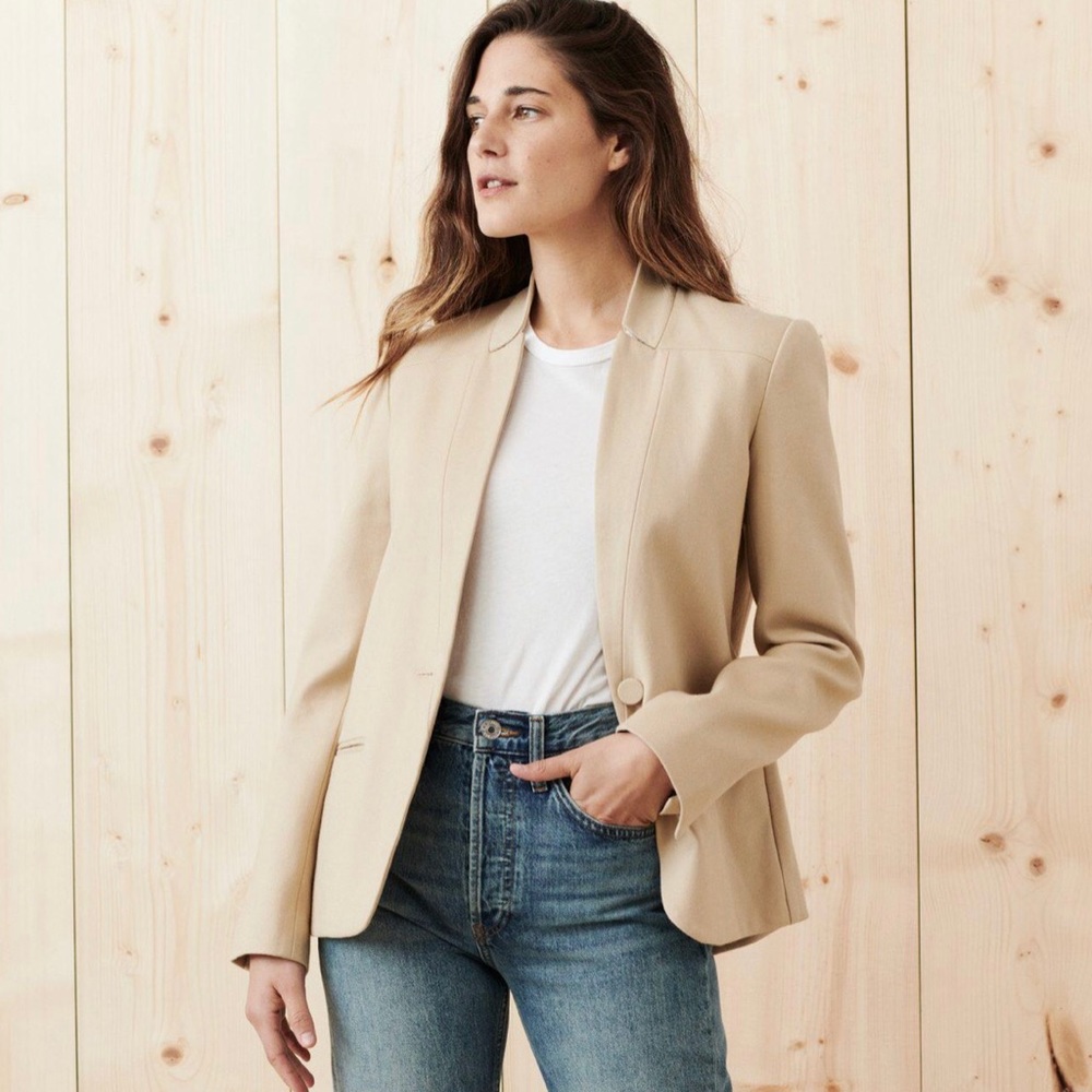 Jenni Kayne Boy Blazer Tan Beige Cotton Twill Lined Jacket Single Button Large